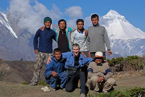 
Jerome Ryan with his Nepalese trekking crew and Dhaulagiri behind in 2008. In front are cook Kumar, Jerome Ryan, guide Gyan Tamang. In  the back are Tenzin, Mingma, Pemba Rinji, and Nima Dorje.
